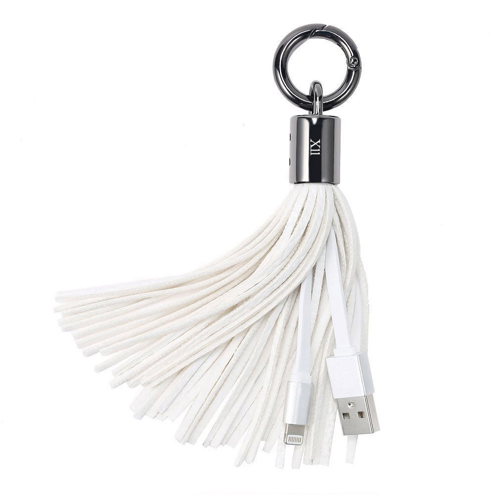 XII Cable USB Leather Tassel Key Chain, USB -Cable with 7-Inch 2.4 Amp-ChargeSync Cable (White)