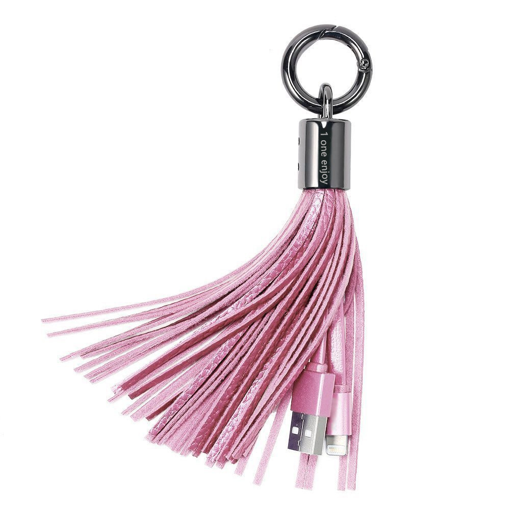1Oneenjoy Lightning to USB Keychain Charger Leather Tassel with 7-Inch 2.4 Amp Lightning Charge Sync Cable for iPhone, iPad (Pink)