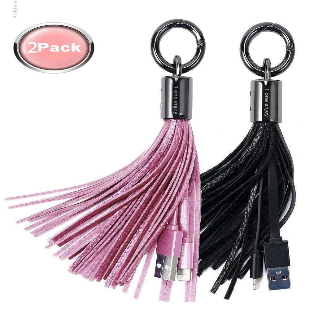 Keychain Lightning to USB Charger Leather Tassel with 7-Inch 2.4 Amp Lightning Charge Sync Cable for iPhone, iPad  (Black Pink)