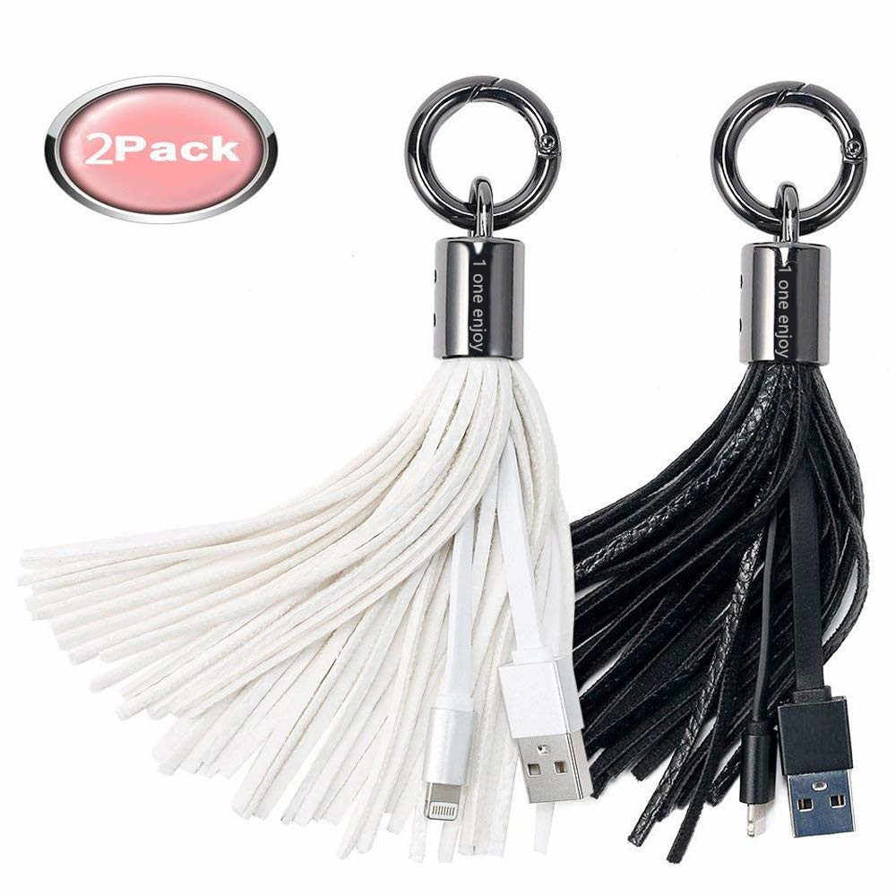 1Oneenjoy Lightning to USB Keychain Charger Leather Tassel with 7-Inch 2.4 Amp Lightning Charge Sync Cable for iPhone, iPad (Black White) 