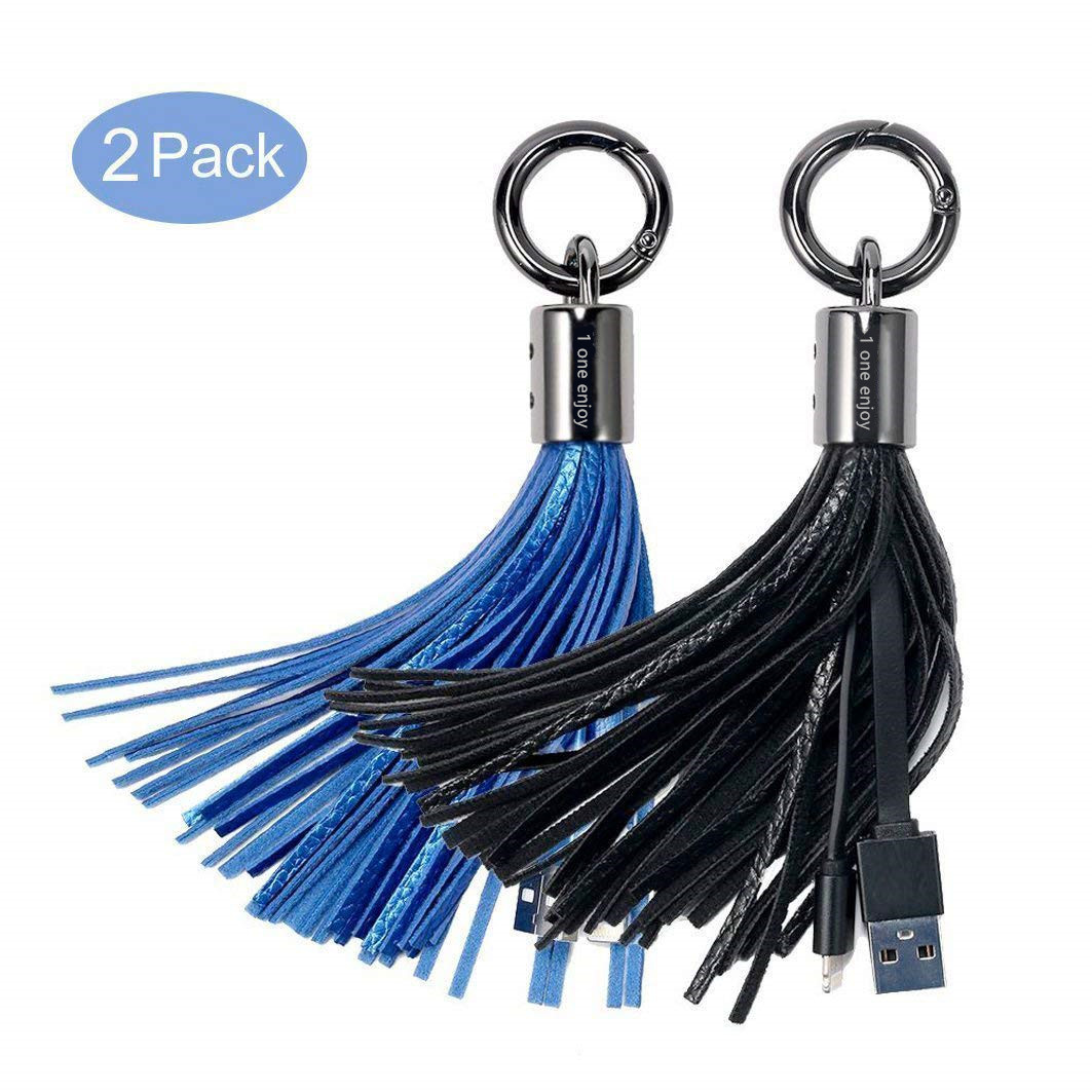 1Oneenjoy Lightning to USB Keychain CableLeather Tassel with 7-Inch 2.4 Amp Lightning ChargeSync Cable for iPhone, iPad (Black Blue)