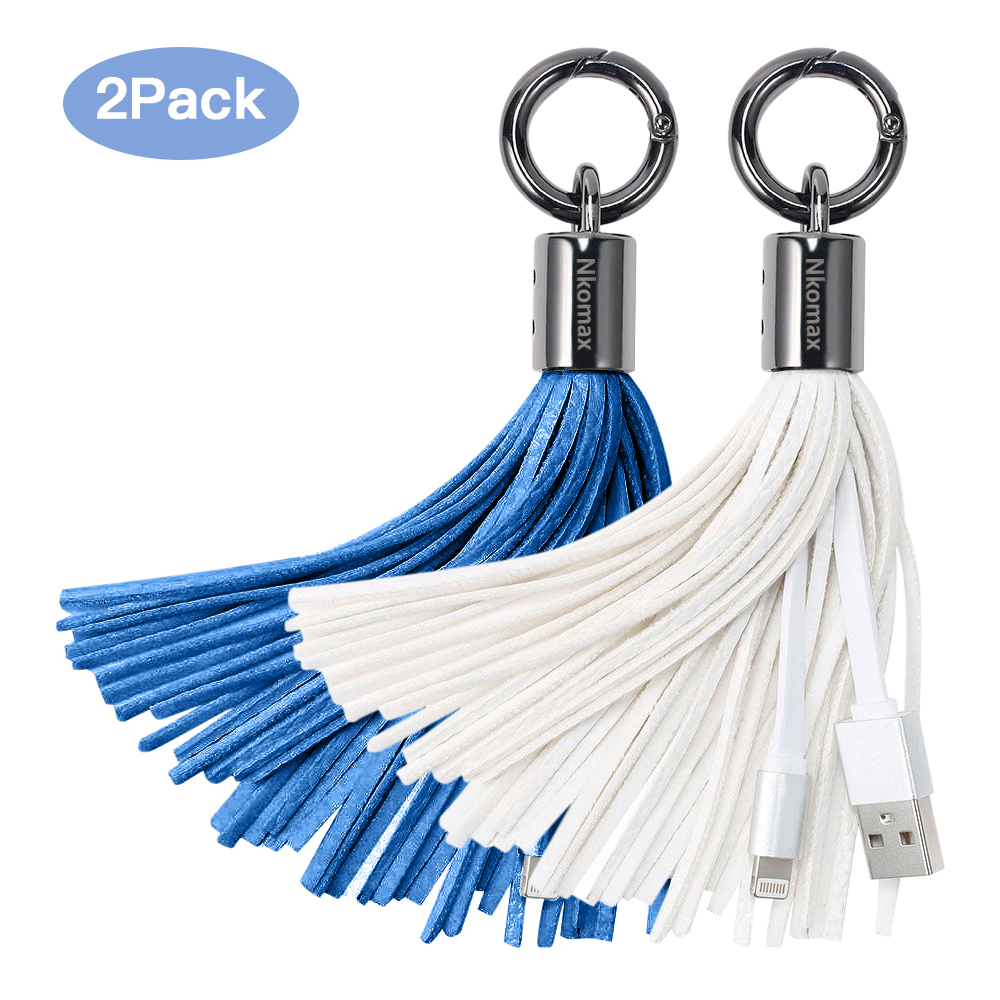 Lightning Tassel Keychain USB Leather Cable with 7-Inch 2.4 Amp Charge Sync Compatible with iPhone, ipad(White,Blue,2 Pack)