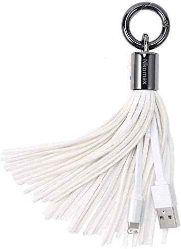 USB Leather Tassel Keychain with 7-Inch 2.4 Amp ChargeSync Cable for I-Phone (White) 